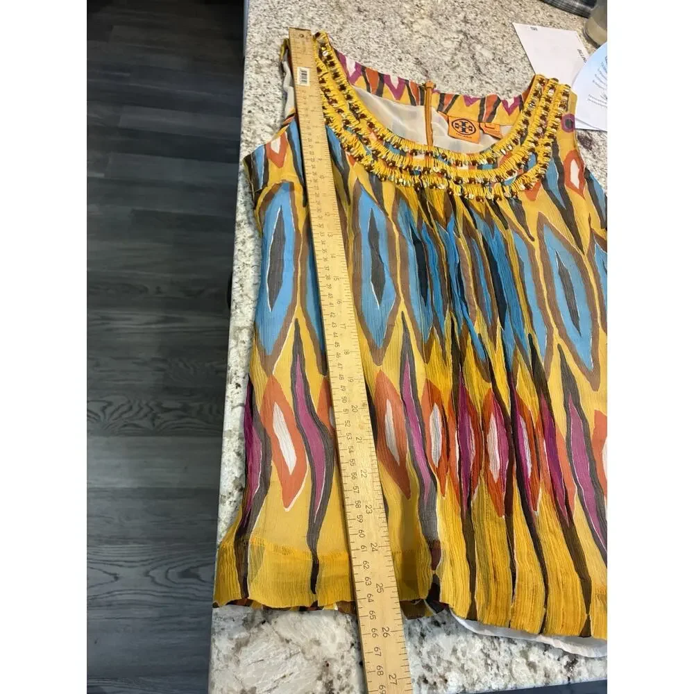 Tory Burch 100% Silk Top Womens Sz 12 Sleeveless Multicolor Sequin Detail Blouse